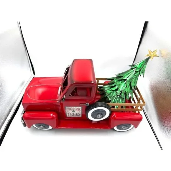 NEW Red Metal Vintage-style Christmas Truck w/Tree Decor - Picture 4 of 6